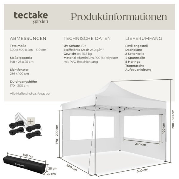 Pavillon tectake Olivia inklusive Spannseilen, Heringen und Tragetasche 3 x 3 m, mit Aluminiumgestell weiß