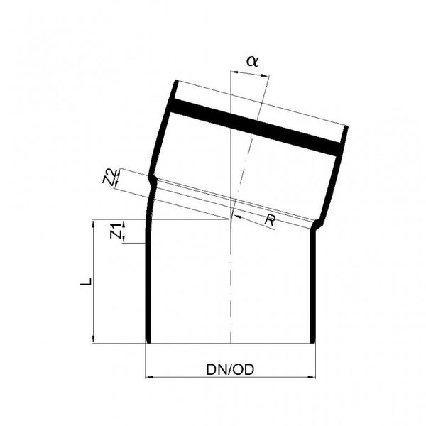 Technische Zeichnung eines Rohrkrümmers mit Maßangaben für Durchmesser, Länge, Radius und Winkel.