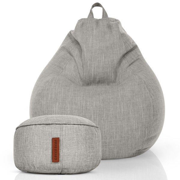 Green Bean 2er Set Indoor XXL Sitzsack + Hocker mit EPS-Perlen Füllung - Fußhocker Fußkissen Sitz-Pouf Bodenkissen Liegekissen Sitzkissen Lounge Chair Sitzhocker Relax-Sessel Bean Bag Silber Grau