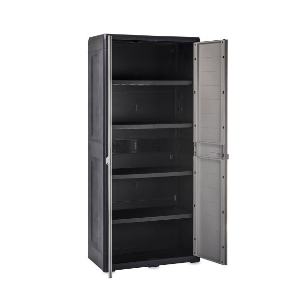 Kunststoff Mehrzweckschrank mit geöffneten Türen und Regalböden