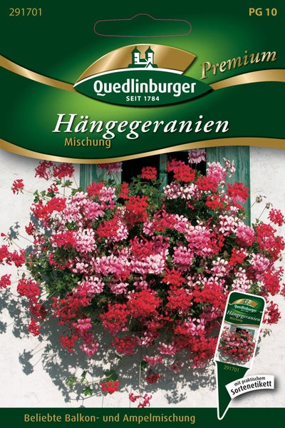 Samentüte Hängegeranien-Mischung für Balkonkästen und Ampeln, Quedlinburger Logo, inklusive Sortenetikett.