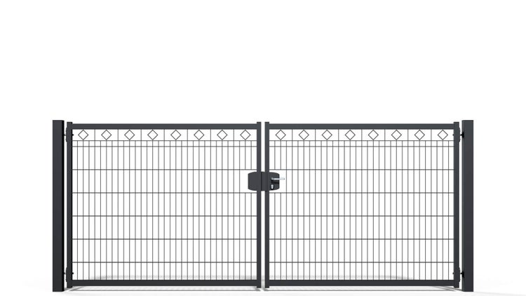 Gartentor ZAUNGURU BASIC-Line Berlin Raute aus Metall, Höhe: 143cm, Breite: 361cm, 2-flügelig inkl. Pfosten, Schloss und Zubehör, Feuerverzinkt und in RAL 7016 Anthrazitgrau pulverbeschichtet