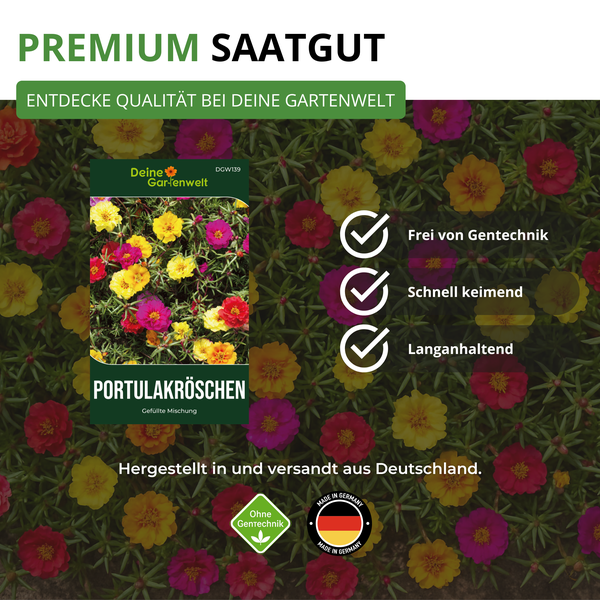 Samentüte für Portulakröschen gefüllte Mischung, gentechnikfrei, schnell keimend, langanhaltend, hergestellt in Deutschland, Deine Gartenwelt Logo.