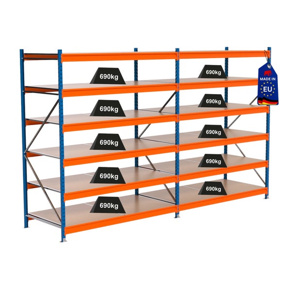 Lagerregal mit mehreren Ebenen und einer Traglast von 690 kg pro Ebene