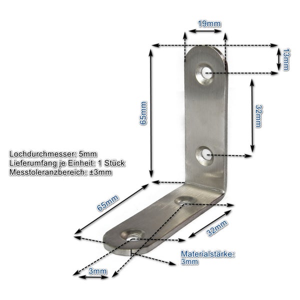 Winkelverbinder aus Metall mit den Maßen 65 mal 65 Millimeter inklusive technischer Maßangaben