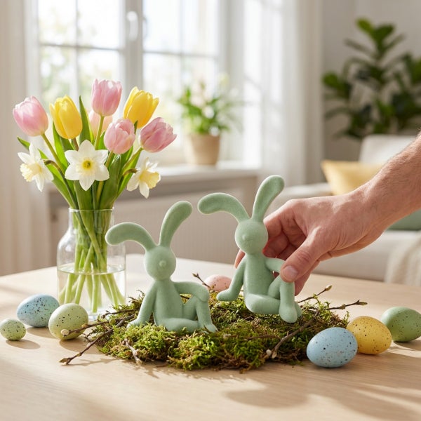 Osterdekoration mit zwei flauschigen Osterhasen Figuren auf einem Moosnest mit Ostereiern und einer Vase mit Tulpen und Narzissen auf einem Tisch.
