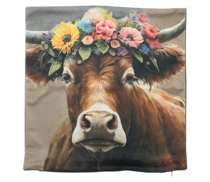 Dekokissen mit Kuhmotiv und Blumenkranz