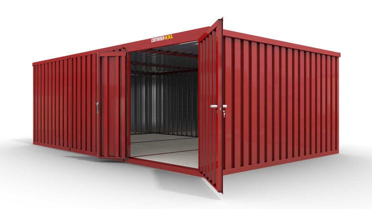 Lagercontainer Gerätehaus M3  – 18 qm, H2150 x B3050 x T6520 mm, Außenwandlackierung RAL 3000 feuerrot, Dach außen verzinkt, mit Holzfußboden, 1830 mm Doppelflügeltür mittig in Modul D, montiert