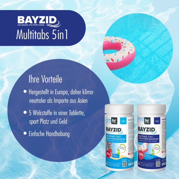 Bayzid Multitabs 5 in 1 für Pools, zwei 1-Kilogramm-Packungen im Vordergrund