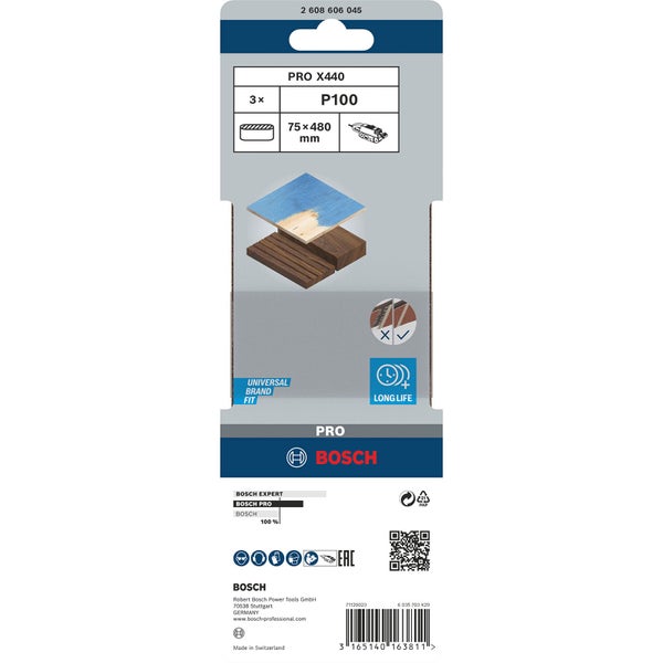 Bosch Pro Schleifblätter, Körnung P100, 75x480 Millimeter, Dreierpack