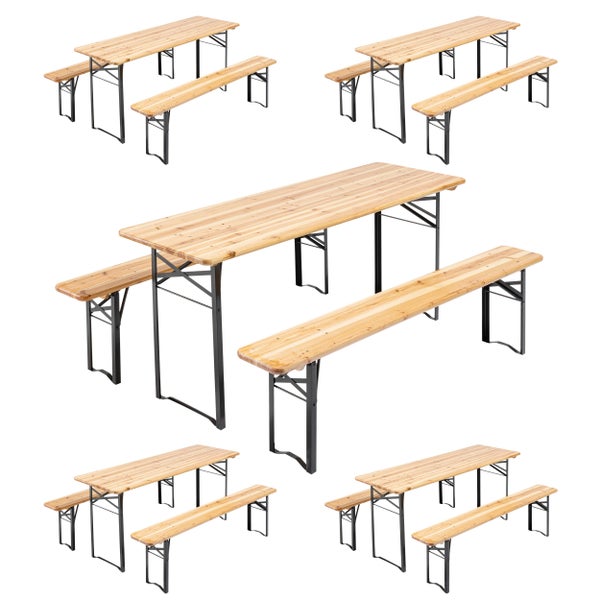 Fünferpack Bierzeltgarnituren bestehend aus jeweils einem Tisch und zwei Bänken aus Holz mit Metallgestell.