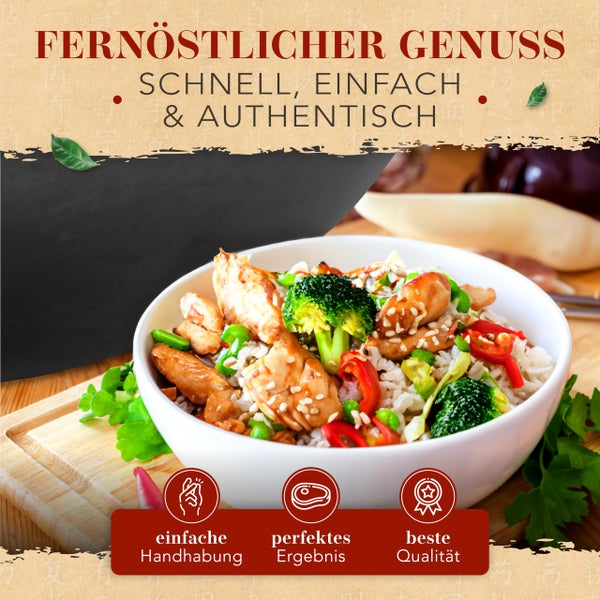 KRUSTENZAUBER 30cm Wokpfanne Induktion voreingebrannt - Traditionelle Stahlwokpfanne mit Wokwender u. Wokring - Wok Pfanne, Wok Induktion, Woklette, Wok Zubehör, Carbon Steel Wok Karbonstahl