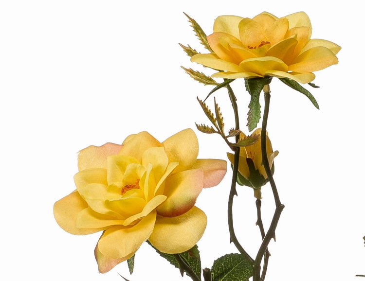 Künstliche Rosen in Gelb mit zwei offenen Blüten und einer Knospe an grünen Stielen.