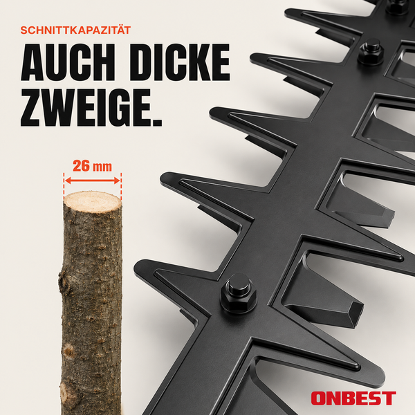 Heckenscherenmesser mit 26 Millimeter Schnittkapazität neben einem dicken Ast. ONBEST Logo.