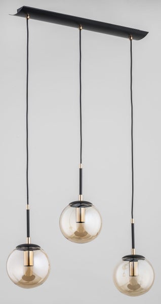 Dreiflammige Pendelleuchte mit runden Glaskugeln und Metallaufhängung in modernem Design