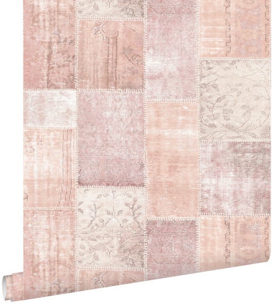 ESTAhome Tapete orientalisches-Marrakech Kelim-Patchwork Pfirsichorange Rosa - 53 cm x 10.05 m - 148651