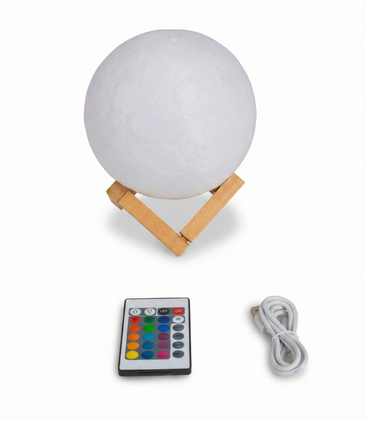 Mondlampe mit Holzfuß, Fernbedienung und USB-Kabel