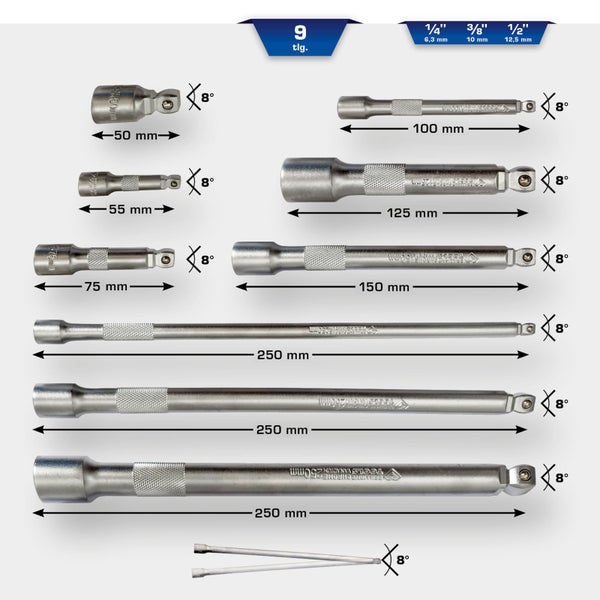 BRILLIANT TOOLS Kippverlängerungs-Satz 1/4 + 3/8 +  1/2 9tlg. - BT020009