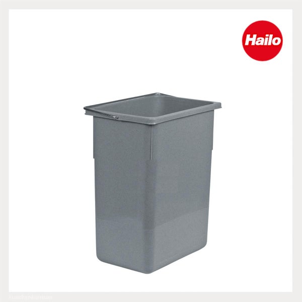Grauer Hailo Abfalleimer aus Kunststoff mit Metallbügel. Hailo Logo.
