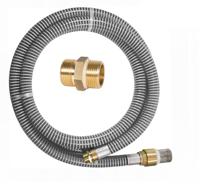 Saugschlauch Garnitur mit Spiralschlauch, Messing Doppelnippel und Messing Saugkorb fuer Pumpen.