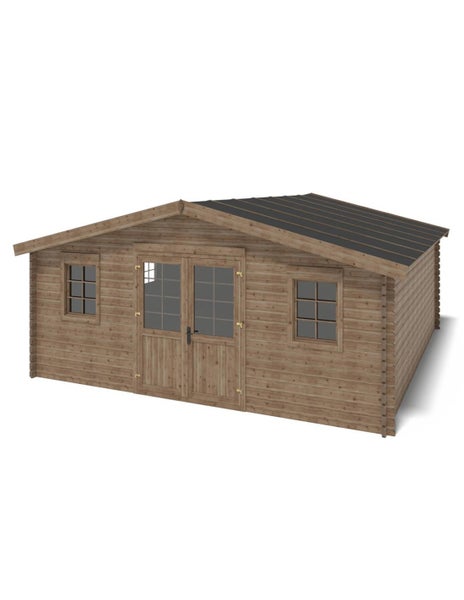 Gartenhaus aus Holz mit Satteldach und Doppelflügeltür sowie zwei Fenstern mit Sprossen