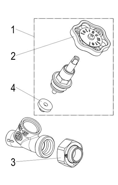Explosionszeichnung eines totraumfreien Schrägsitzventils Nennweite 15 mit Handrad, Oberteil und Dichtung.