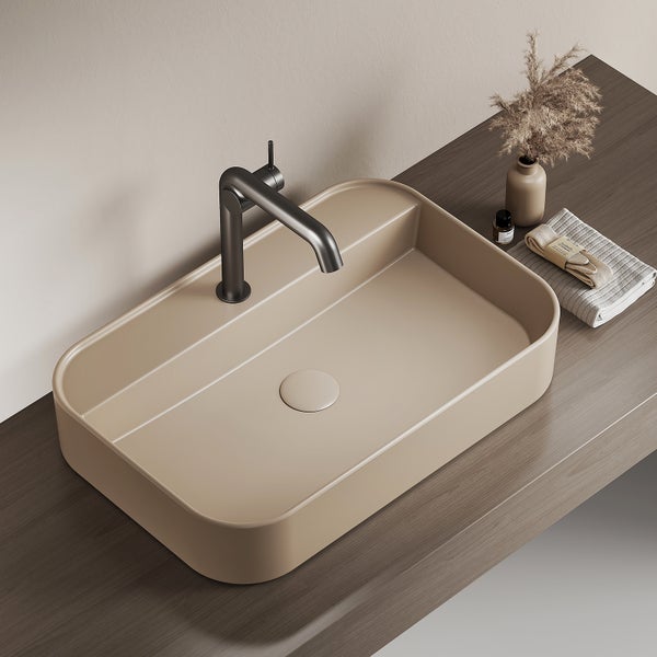 EMKE Waschtisch Keramik Matt-Beige, 60 x 40 cm, Wand- und Aufsatzwaschbecken, Waschbecken mit Hahnloch, R-Kantenschutz, für Badezimmer