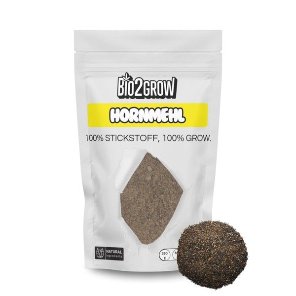 Bio2Grow Hornmehl Dünger in Verpackung mit Sichtfenster und Erdkugel