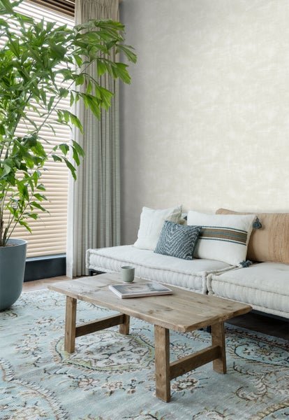 Wohnzimmer mit Couch, Holztisch und Zimmerpflanze