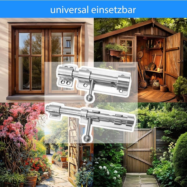 Zwei Bolzenriegel aus Metall für den vielseitigen Einsatz an Fenstern, Türen, Gartenhäusern und Toren, inklusive Anwendungsbeispielen.