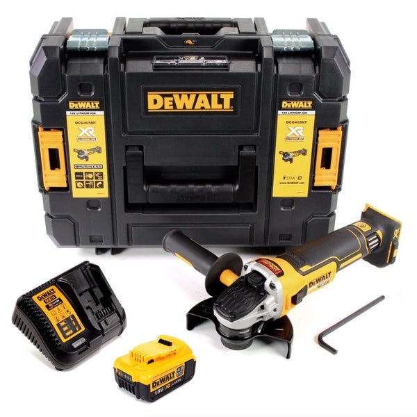 DeWalt Akku-Winkelschleifer-Set mit Akku, Ladegerät, Innensechskantschlüssel und Transportkoffer.