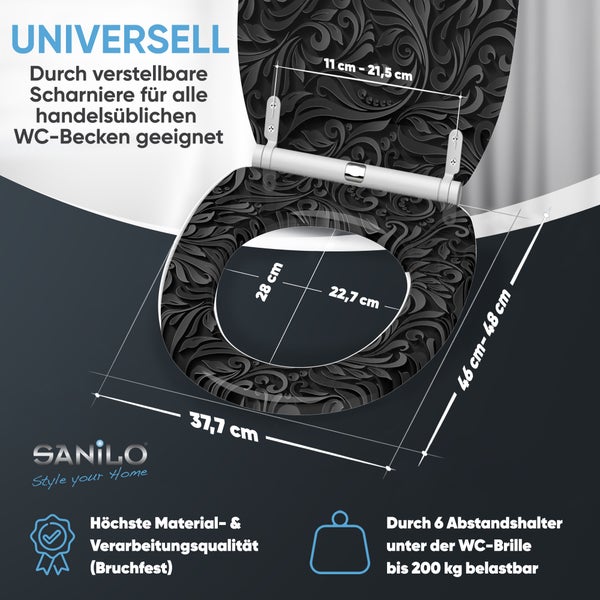 Sanilo Logo. Universeller Toilettensitz mit Ornament-Muster. Maße 37,7 mal 46 bis 48 Zentimeter. Bruchfest und belastbar bis 200 Kilogramm.