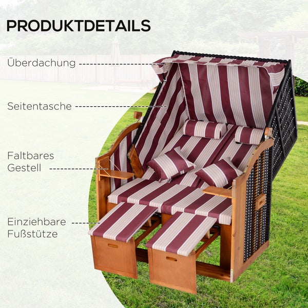 Outsunny Strandkorb Ostsee Volllieger 2-Sitzer Strandkörbe aus Tannenholz, 5-stufige verstellbare Rückenlehne, Strandkorb mit Fußbänkchen Seitentische, PE Geflecht, Strandstuhl für Balkon, Rot+Weiß