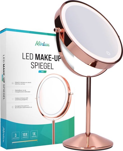 Mirlux Kosmetikspiegel mit LED Beleuchtung 10fache Vergrößerung Rund 3 Lichtstufen Wiederaufladbar Roségold