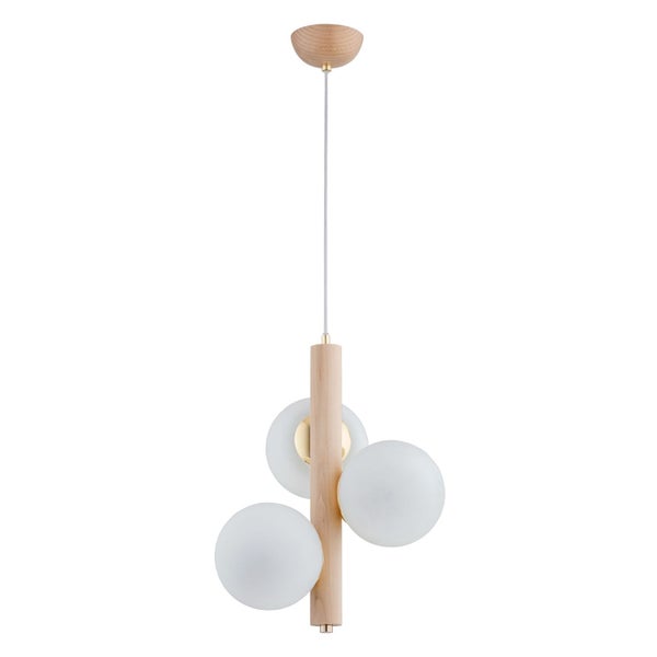 Moderne Pendelleuchte mit Holzelementen und drei runden Glaskugeln als Lampenschirme.