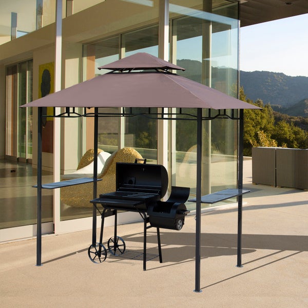 Outsunny Grillpavillon Gartenzelt Grill Pavillon Balkonpavillon mit Ablagen Flammhemmendes Doppeldach Kaffeebraun 245 x 148 x 252 cm