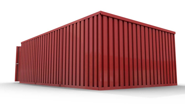 Lagercontainer Gerätehaus XL3  – 32 qm, H2150 x B5080 x T6520 mm, Außenwandlackierung RAL 3000 feuerrot, Dach außen verzinkt, mit Holzfußboden, 1830 mm Doppelflügeltür mittig in Stirnseite und 1270 mm Einflügeltür mittig in Modul C, montiert