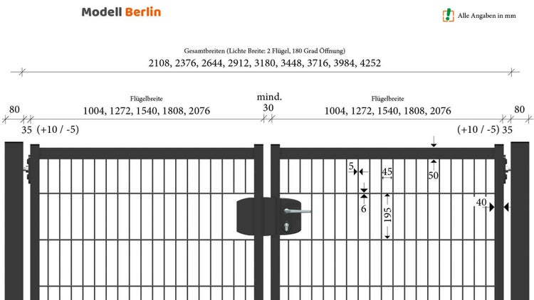 Technische Zeichnung des Modells Berlin mit Maßangaben für Gesamtbreiten und Flügelbreiten