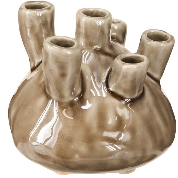 Braungraue Blumenvase aus Keramik mit sechs Öffnungen und glänzender Krakelee-Glasur in organischer Form.