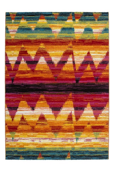 Bunter Teppich mit Zickzack-Muster und horizontalen Streifen im Ikat-Stil.