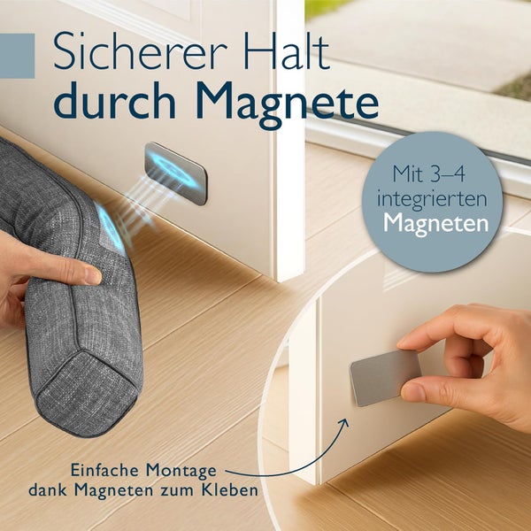 Magnetischer Zugluftstopper für die Tür mit drei bis vier integrierten Magneten und selbstklebenden Metallplatten zur einfachen Montage.