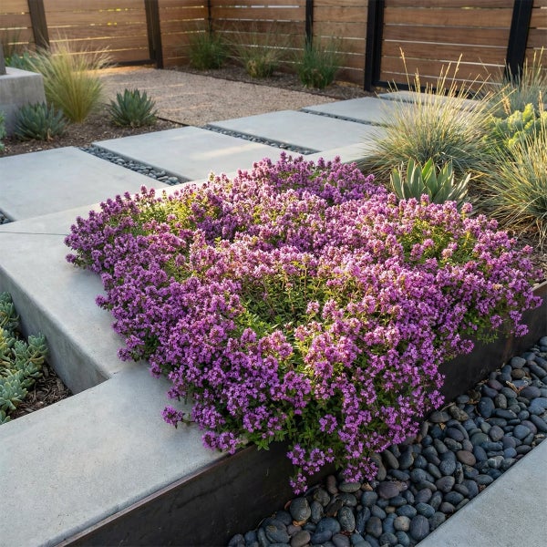 Moderner Garten mit blühendem Sand-Thymian als Bodendecker zwischen großen Betonplatten und dunklen Kieselsteinen.