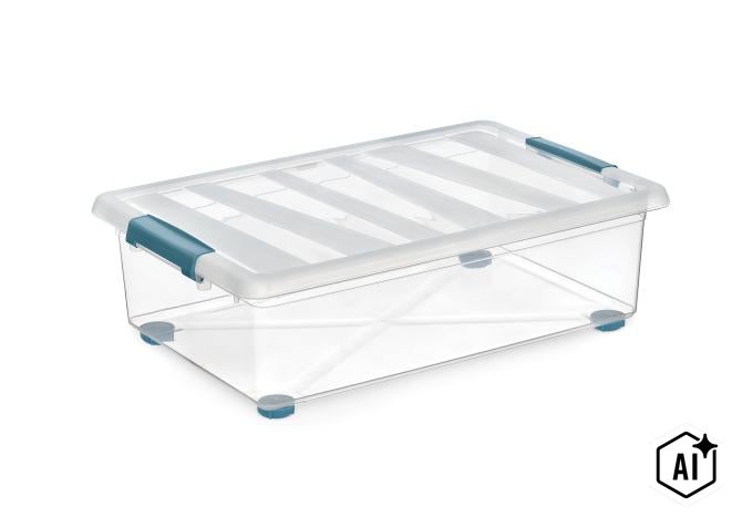 Transparente Kunststoff Aufbewahrungsbox mit Deckel und Verschlussclips zur ordentlichen Lagerung von Gegenständen.