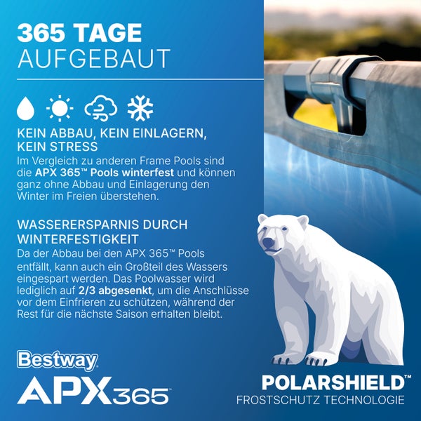 Bestway Logo. Info zum APX 365 Frame Pool: winterfest dank Polarshield Technologie, kann das ganze Jahr über aufgebaut bleiben.