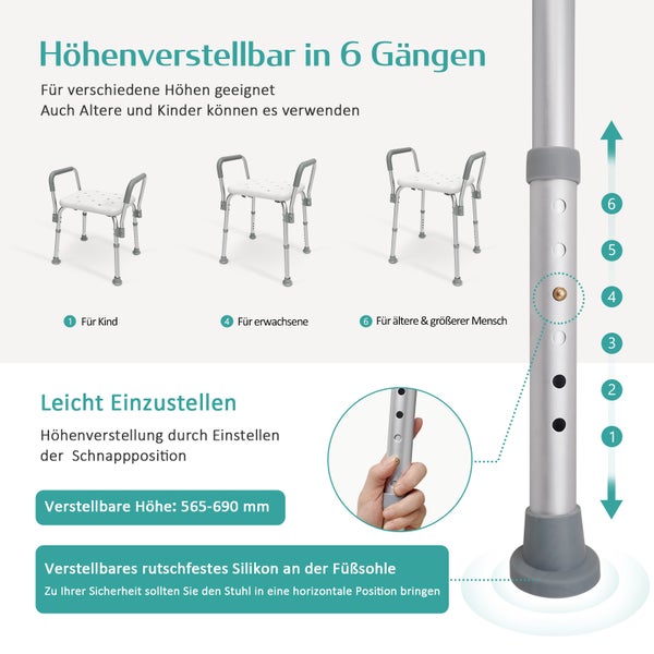 EMKE Duschhocker mit Abnehmbarer Armlehne, Anti-Rutsch Duschstuhl Höhenverstellbar, Badhocker Max. Tragfähigkeit 136 kg - Badhocker für senioren
