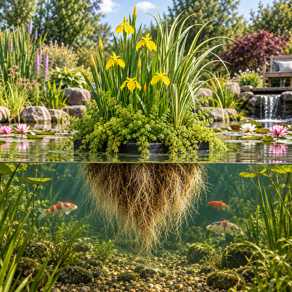 Schwimminsel mit gelben Schwertlilien und Wasserpflanzen in einem Gartenteich mit Koi Fischen und Unterwasseransicht der Wurzeln.