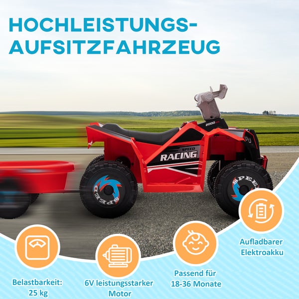 HOMCOM Kinder Elektro-Quad 6V Kinderquad,mit Anhänger für Kinder 1,5-3 Jahre, 2,5 km/h, 106 x 41,5 x 48,5 cm, Metall, Rot