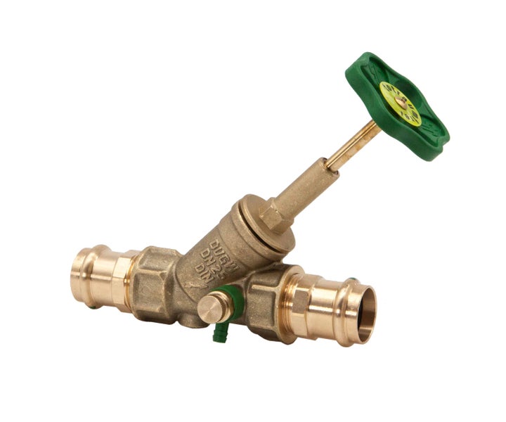 Schrägsitzventil aus Messing Nennweite 25 mit Pressanschlüssen, Entleerventil und grünem Handrad, für Trinkwasser geeignet.