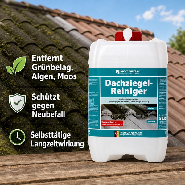 Kanister mit Hotrega Dachziegelreiniger zur Entfernung von Grünbelag, Algen und Moos mit Langzeitwirkung, 5 Liter Konzentrat.