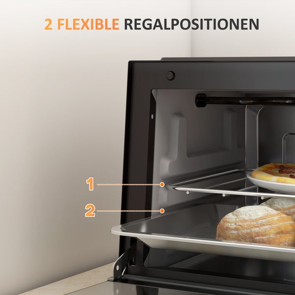 Innenansicht eines Minibackofens mit zwei flexiblen Regalpositionen, markiert mit eins und zwei, bestückt mit Gitterrost und Backblech.